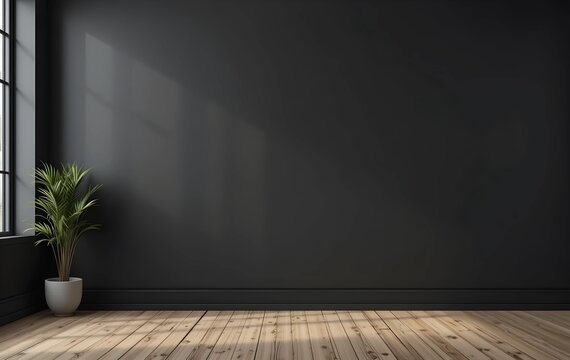 Modern black wall mockup in office with wooden floor and plant placed near window, matt black wall with wooden floor in an empty office