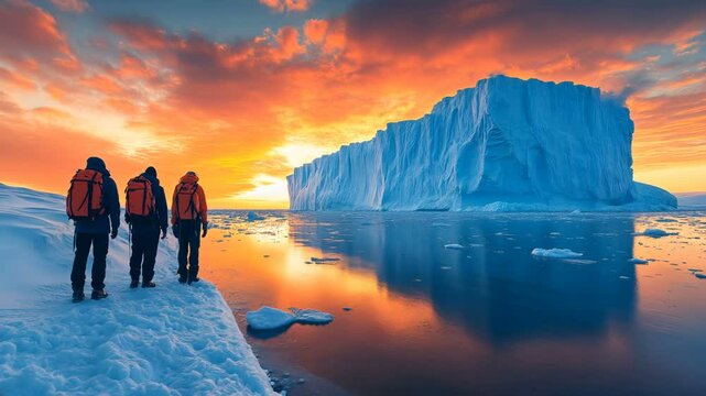 A group of adventurers embarks on an expedition to explore a stunning icy landscape during a beautiful sunset