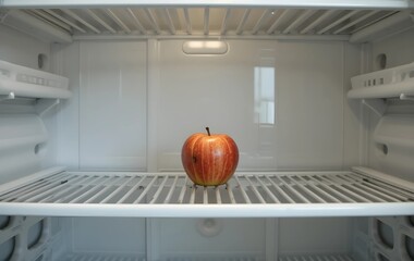 Fridge with a single apple surrounded by empty shelves showing Food Insecurity, inside of an empty fridge with a single apple
