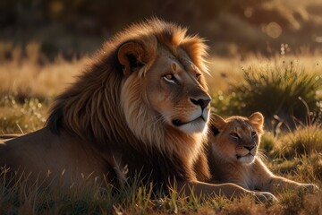 Fototapeta premium Majestic African Lion and Cub at Golden Hour