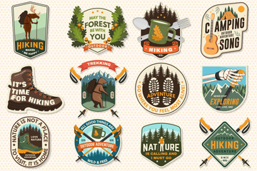 Set of hiking patch design with inspirational adventure quotes. Concept with pin forest, hiker, hiking boots, moose, bear and mountain. Vector illustration.
