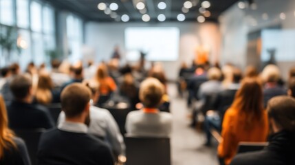 Blurred photo of business presentation in modern conference room. Focused audience listens to speaker. Corporate seminar workshop with interaction 