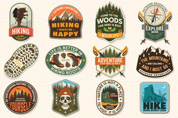 Set of hiking patch design with inspirational adventure quotes. Concept with pin forest, hiker, hiking boots, moose, bear and mountain. Vector illustration.
