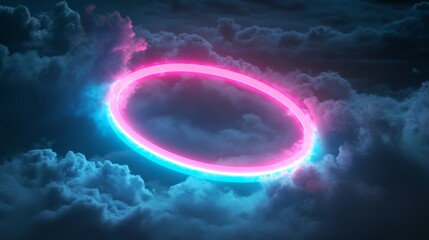 Fototapeta premium Neon ring in a dark cloudy sky