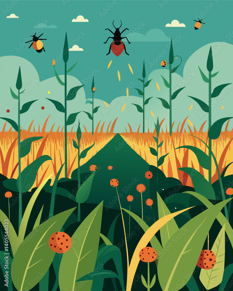 Poster a once picturesque field now overrun by invasive weeds and pests due to the overproduction of a sing