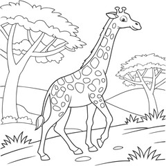 Hand Drawn Giraffe in African Wildlife Scene Illustration Coloring Page