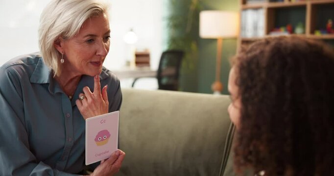 Psychologist, child and speech therapy or talking help for language delay, articulation or consultation. Kid, mature woman and mouth for oral motor skills or selective mutism, development or exam