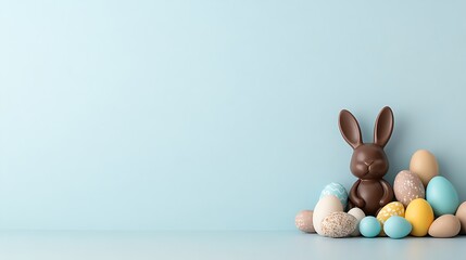 Chocolate Easter Bunny with Pastel Eggs on Light Blue Background