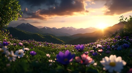 Obraz premium Majestic Sunset over Flowery Mountain Meadow.