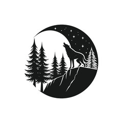 Wolf Howling Mountain Pine Trees in Circle Silhouette Night Scene