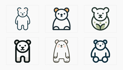 Set of Child Friendly Minimalist Bear Logos in Bold Line Vector Style