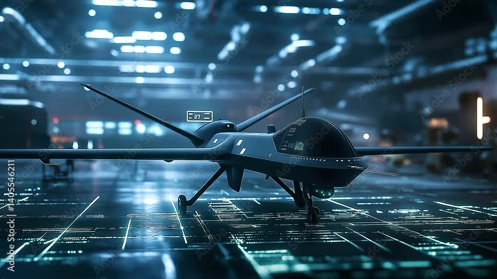 Poster a detailed view of a war drone prototype in an industrial hangar, digital panels displaying live fee