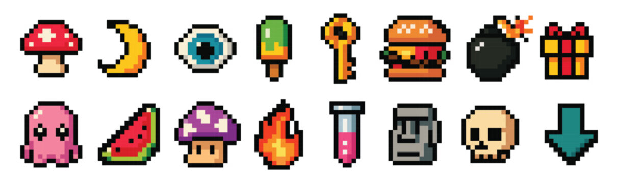 Pixel art set with cute objects. Vector 8bit pixel illustration of mushroom, moon, eye, ice cream, key, burger, bomb, gift, squid, watermelon, fire, potion, rock, skull, sign