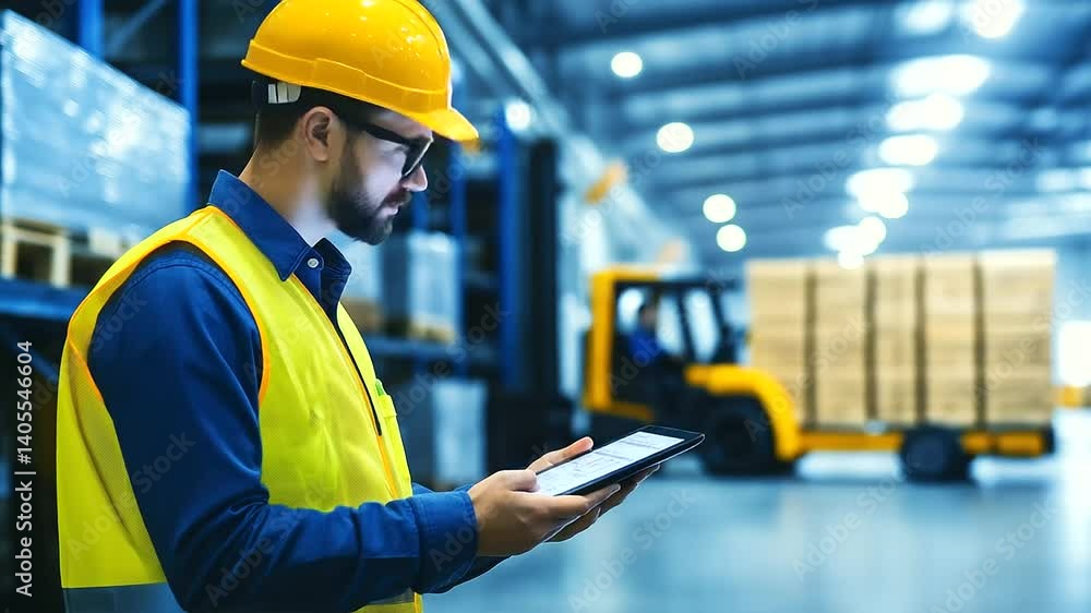Aufkleber a distribution center supervisor stands near a loading dock, holding a tablet and verifying a shipme