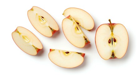red apple slices top view flat lay isolated on white background with shadow. juicy and ripe red apple for vegan vegetarian healthy food eating. organic apple