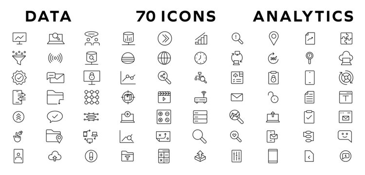Data analysis web icon set in line style. business intelligence, data mining, Containing database, computing, data processing, research network collection