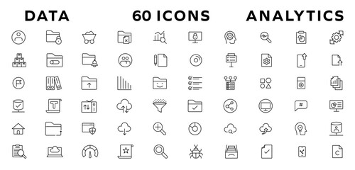 Data analysis web icon set in line style. business intelligence, data mining, Containing database, computing, data processing, research network collection