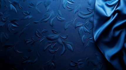 Midnight Blue Silk Drape on Embossed Floral Textile.