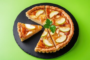 A sliced apple tart on a dark slate plate.