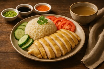 Authentic Thai Chicken Rice Khao Man Gai (ข้าวมันไก่) Served with Cucumber, Tomato, and Spicy Sauce

