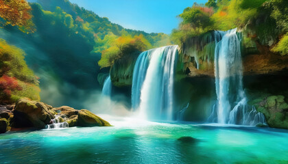 stunning watercolor painting captures beauty of serene waterfall cascading into tranquil pool surrounded by lush greenery and vibrant autumn foliage