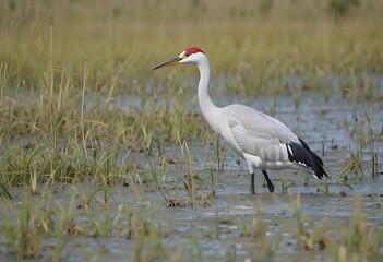 Elegant Red-crowned Crane in Serene Marsh Habitat