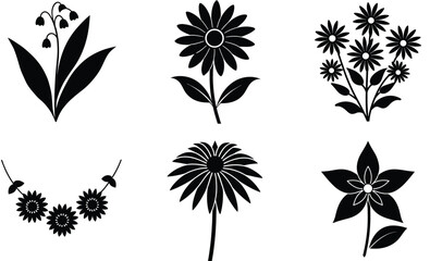 Wildflower Silhouette Vector Collection, Black Eyed Susan, Daisy, Echinacea, Borage, Lily Valley and Garland Mum