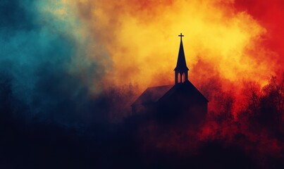 Fototapeta premium Mystical Church Silhouette Against Colorful Foggy Background