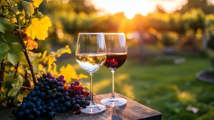 Experience the beauty of a vineyard at sunset while sampling an array of red and white wines made from grapes
