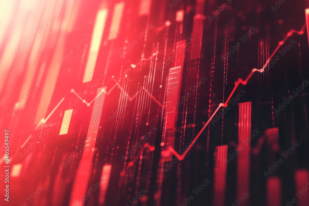 Poster dynamic financial data visualization. abstract stock market indicators, surging and falling. intense