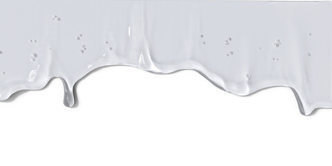 Macro shot of a clear, viscous cosmetic gel or serum, dripping down from the top edge against a plain light grey background. Transparent liquid beauty product texture.