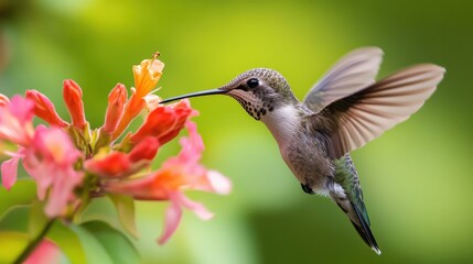 Fototapeta premium A hummingbird hovering near flowers while collecting nectar from blooms
