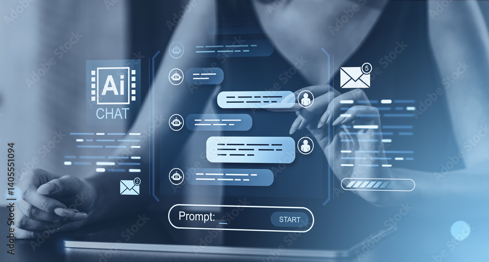 Poster woman interacting with futuristic ai chatbot interface on digital device screen.