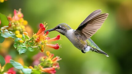 Fototapeta premium A small hummingbird hovers near vibrant orange and red flowers