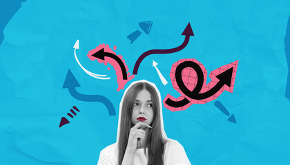 Thoughtful woman with colorful abstract arrows on bright blue ba
