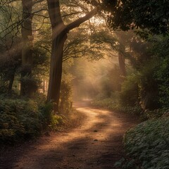 Obraz premium Sunbeams Forest Path Dawn.