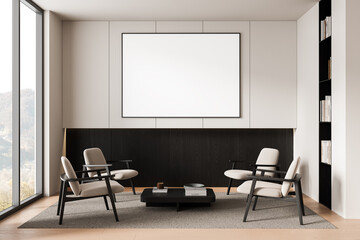 Modern interior with blank poster mockup in minimalist lounge room with beige chairs and black coffee table on soft carpet in bright setting. 3D Rendering
