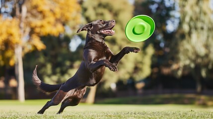 Athletic labrador catching frisbee mid-air in sunny park, perfect for pet sport ads, fitness blogs, posters, and outdoor lifestyle campaigns