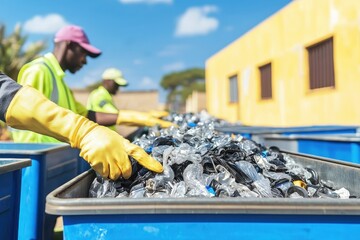 Workers sorting plastic waste for recycling in blue bins under a clear sky, promoting environmental sustainability and waste management.