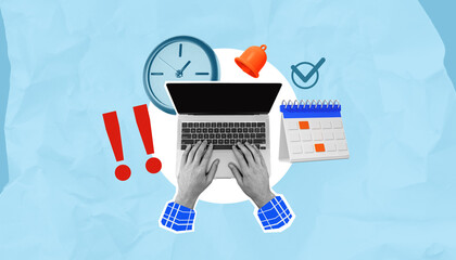 Creative productivity concept showing hands typing on laptop with clock, calendar, exclamation...