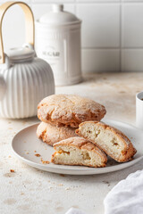Sochniki or sochni with cottage cheese. Shortbread cookies with cottage cheese on white kitchen table background