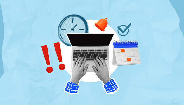 Creative productivity concept showing hands typing on laptop with clock, calendar, exclamation marks, and reminder icons on blue background. - Powered by Adobe