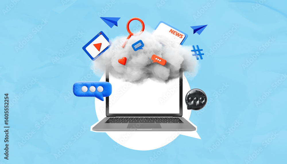 Poster laptop with cloud and social media icons including messages, likes, and notifications floating on li