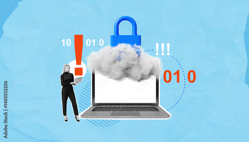 Poster cloud data security with lock, binary code and alert symbols on