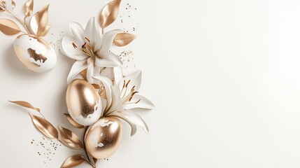 Gold Spotted Easter Eggs and Lilies with Space for Custom Text on Isolated White Background. Flat Lay Top View
