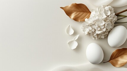 Modern Easter Egg Design with Space and Golden Leaves for Custom Text on Isolated White Background. Flat Lay Top View