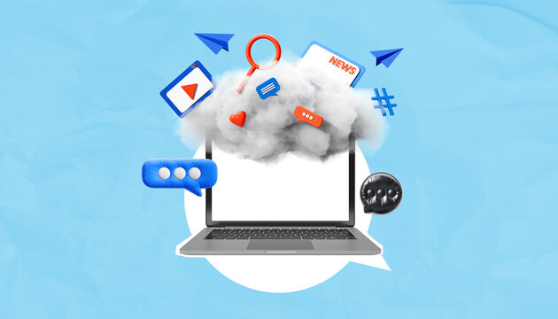 Laptop with cloud and social media icons including messages, likes, and notifications floating on light blue background in creative composition. 3D Rendering