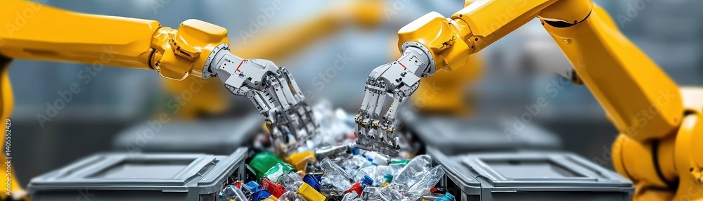 Poster two robotic arms sort through recyclable materials in a modern setting, showcasing advanced technolo
