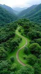 Bikepacking and eco-travel sustainable journeys, A winding path through lush green mountains surrounded by trees. Solar-powered bike gear, zero-waste bikepacking