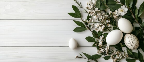 Easter Theme Background with Colorful Eggs and Blank Space on White Wooden Background. Flat Lay Top View